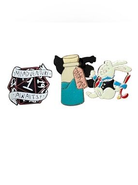 Misadventures Enamel Pin Set - Blue Drink Me Bottle, White Bunny & Maroon Dice